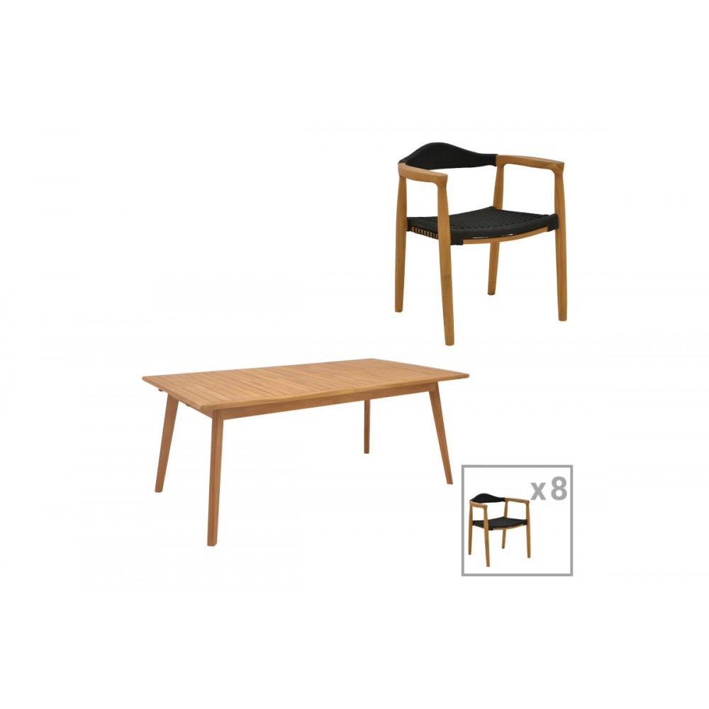 Τραπεζαρία 9τμχ "GANNY-PINO" από ξύλο/σχοινί σε χρώμα φυσικό/μαύρο 180/240x100x75