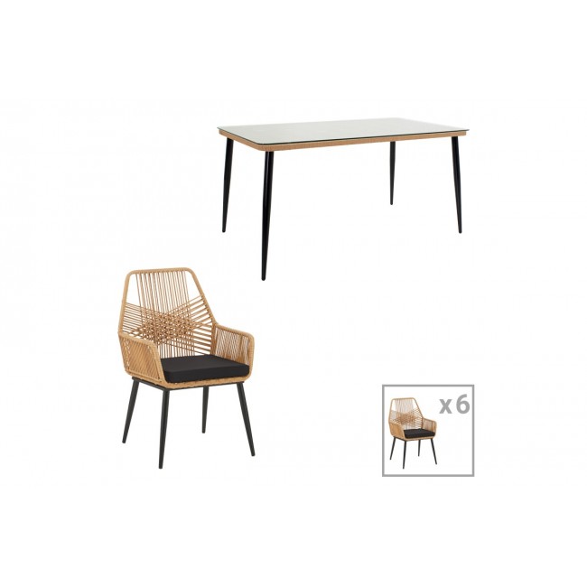 Τραπεζαρία 7τμχ "NAOKI-TANISH" από pe rattan/μέταλλο σε χρώμα φυσικό/μαύρο 160x90x78