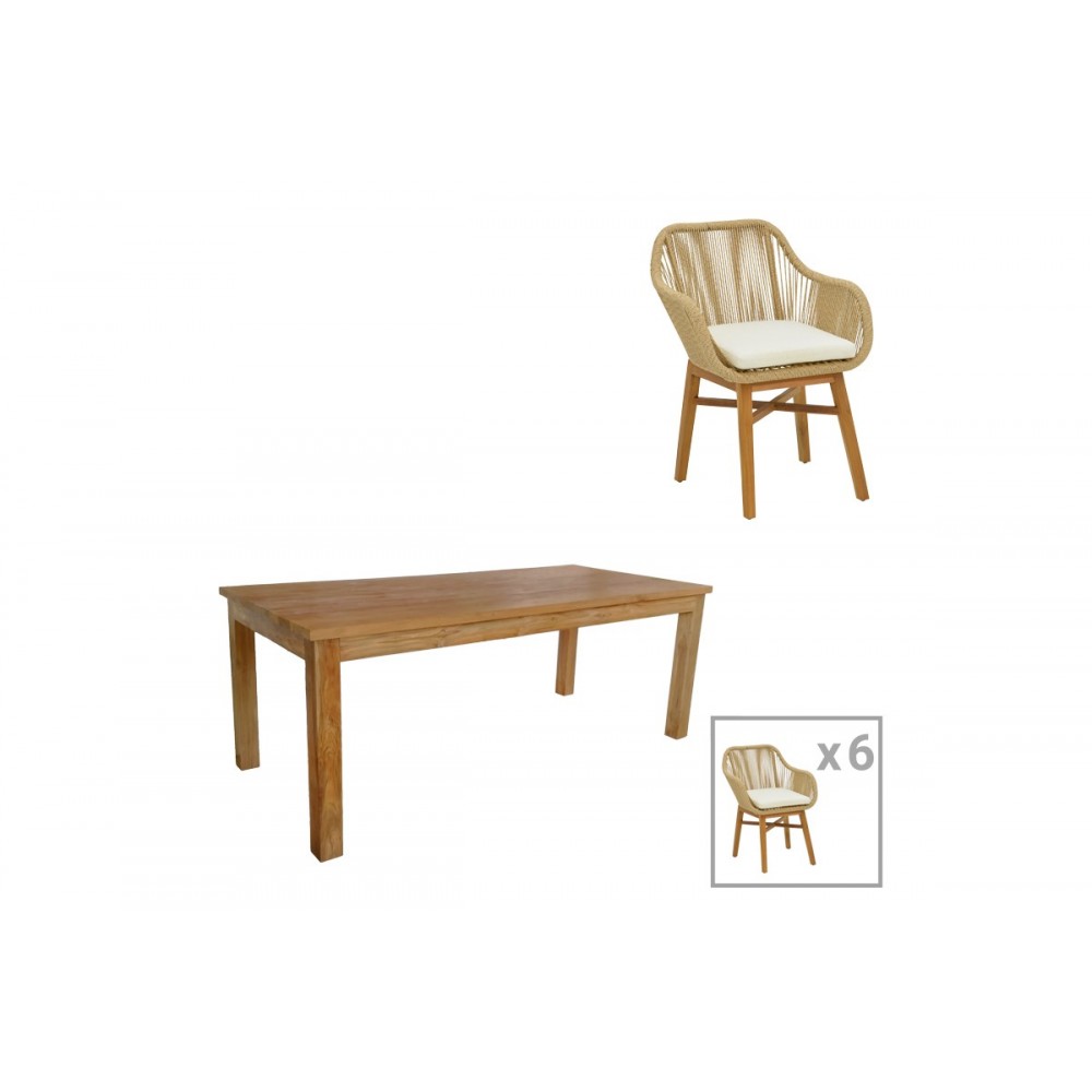 Τραπεζαρία 7τμχ "KALIE-WOOLY" από ξύλο/σχοινί σε χρώμα φυσικό/μπεζ 220x90x75