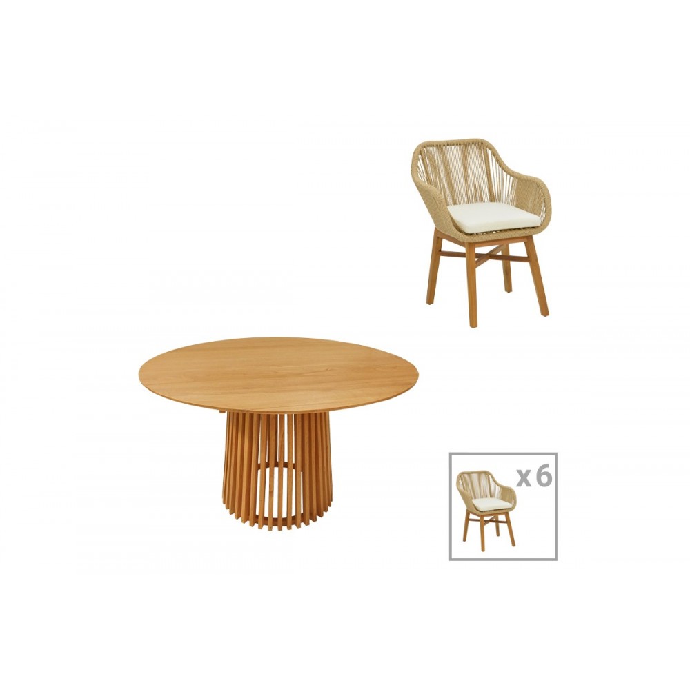 Τραπεζαρία 7τμχ "KALIE-KENDA" από ξύλο/σχοινί σε χρώμα φυσικό/μπεζ Φ120x75