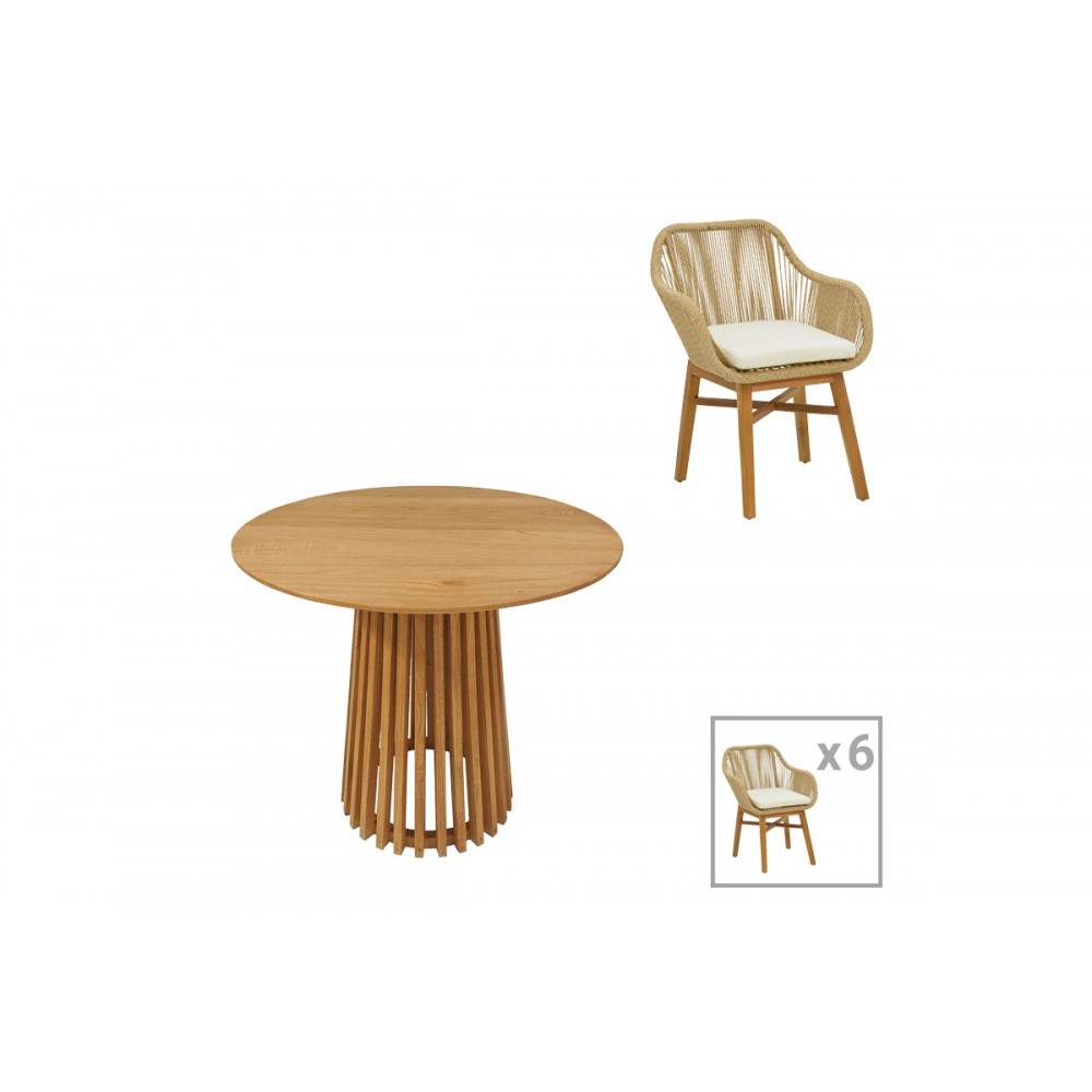 Τραπεζαρία 7τμχ "KALIE-KENDA" από ξύλο/σχοινί σε χρώμα φυσικό/μπεζ Φ80x75