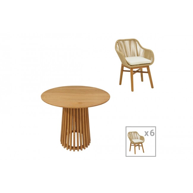 Τραπεζαρία 7τμχ "KALIE-KENDA" από ξύλο/σχοινί σε χρώμα φυσικό/μπεζ Φ80x75