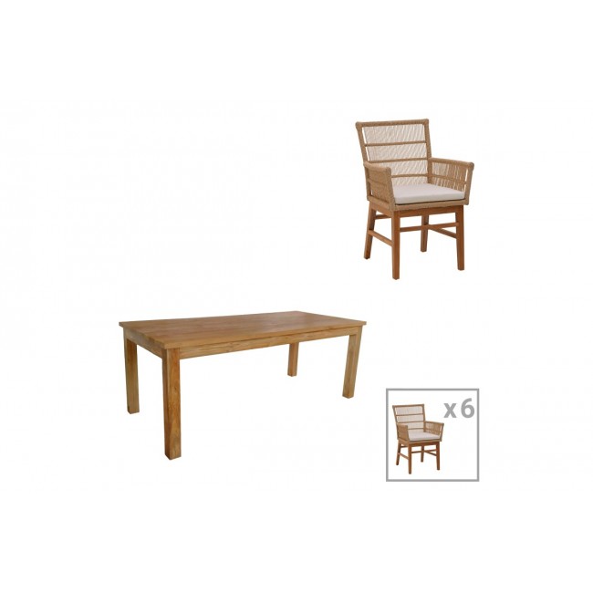 Τραπεζαρία 7τμχ "INCA-WOOLY" από ξύλο/σχοινί σε χρώμα φυσικό/μπεζ 220x90x75