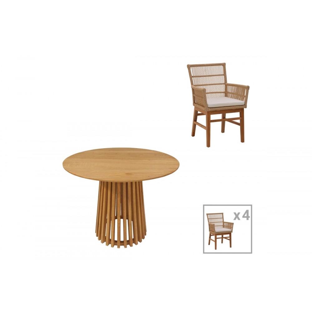 Τραπεζαρία 5τμχ "INCA-KENDA" από ξύλο/σχοινί σε χρώμα φυσικό/μπεζ Φ80x75