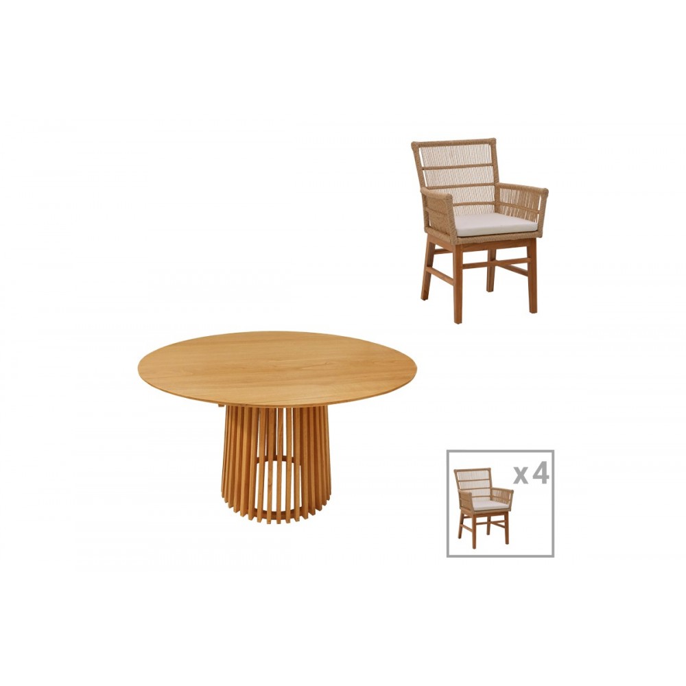 Τραπεζαρία 5τμχ "INCA-KENDA" από ξύλο/σχοινί σε χρώμα φυσικό/μπεζ Φ120x75