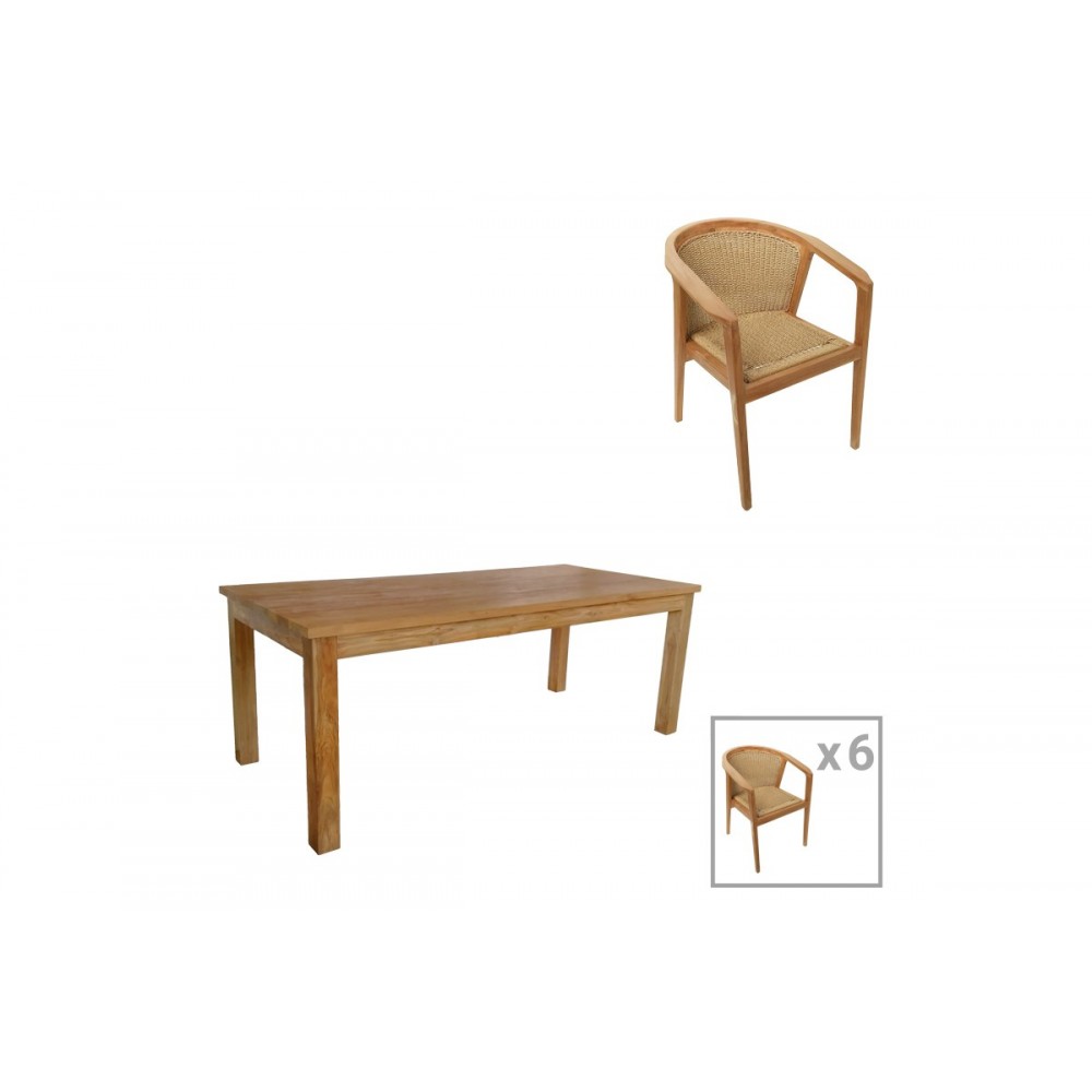 Τραπεζαρία 7τμχ "GRANNY-WOOLY" από ξύλο/σχοινί σε χρώμα φυσικό/μπεζ 220x90x75