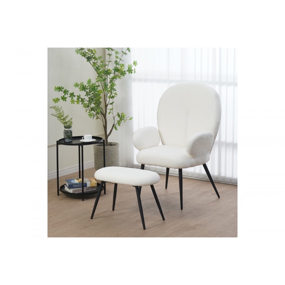 Πολυθρόνα με υποπόδιο "QARAR" από μπουκλέ ύφασμα/μέταλλο σε χρώμα λευκό/μαύρο 67.5x67.5x106