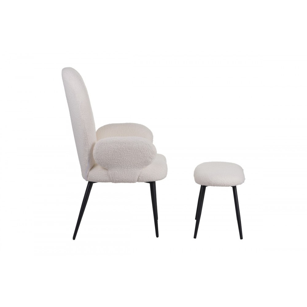 Πολυθρόνα με υποπόδιο "QARAR" από μπουκλέ ύφασμα/μέταλλο σε χρώμα λευκό/μαύρο 67.5x67.5x106