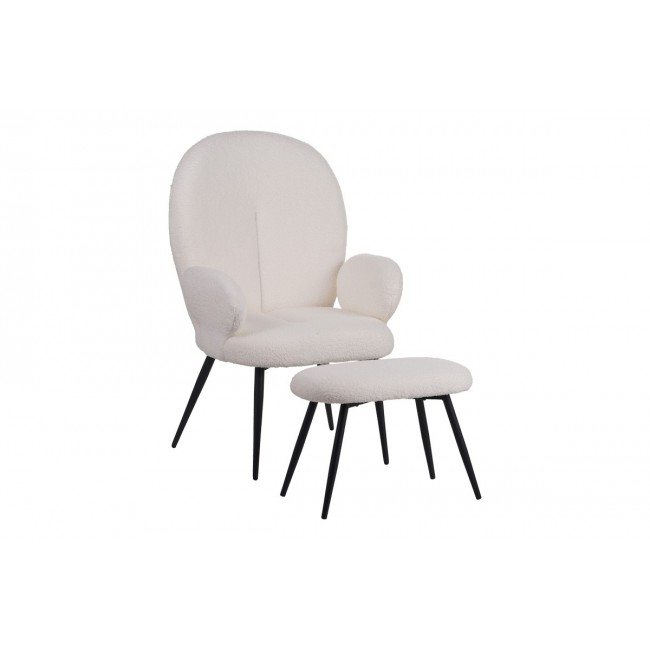 Πολυθρόνα με υποπόδιο "QARAR" από μπουκλέ ύφασμα/μέταλλο σε χρώμα λευκό/μαύρο 67.5x67.5x106