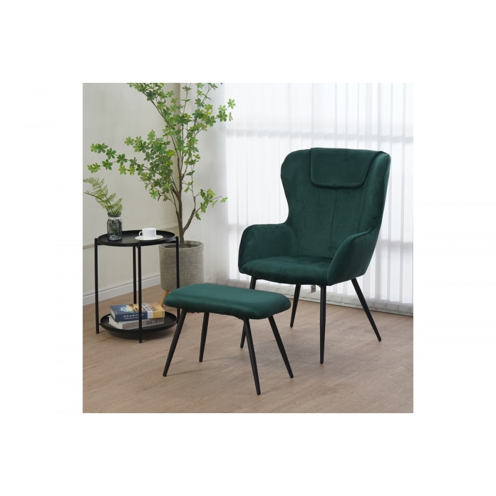 Πολυθρόνα με υποπόδιο "RUEDA" από βελούδο/μέταλλο σε χρώμα πράσινο/μαύρο 71.5x66.5x99