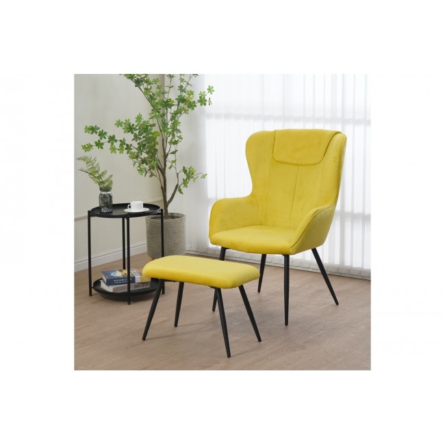 Πολυθρόνα με υποπόδιο "RUEDA" από βελούδο/μέταλλο σε χρώμα κίτρινο/μαύρο 71.5x66.5x99