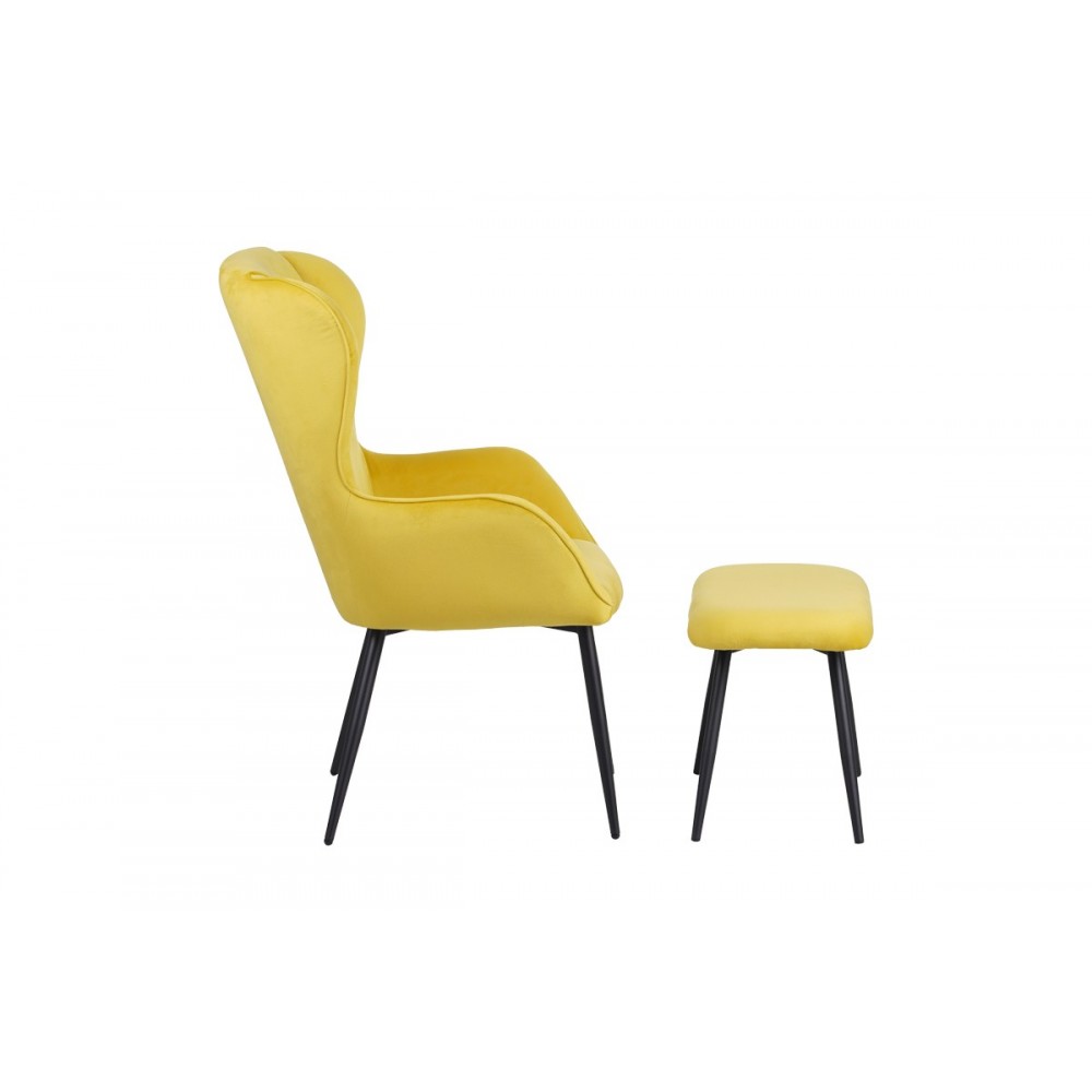 Πολυθρόνα με υποπόδιο "RUEDA" από βελούδο/μέταλλο σε χρώμα κίτρινο/μαύρο 71.5x66.5x99