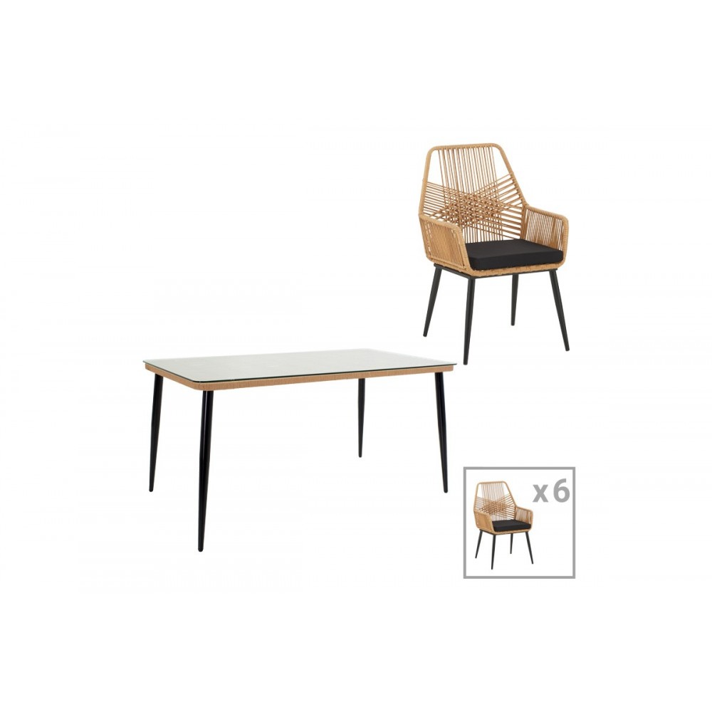 Τραπεζαρία 7τμχ "NAOKI-TANISH" από μέταλλο/pe rattan σε χρώμα φυσικό/μαύρο 160x90x78