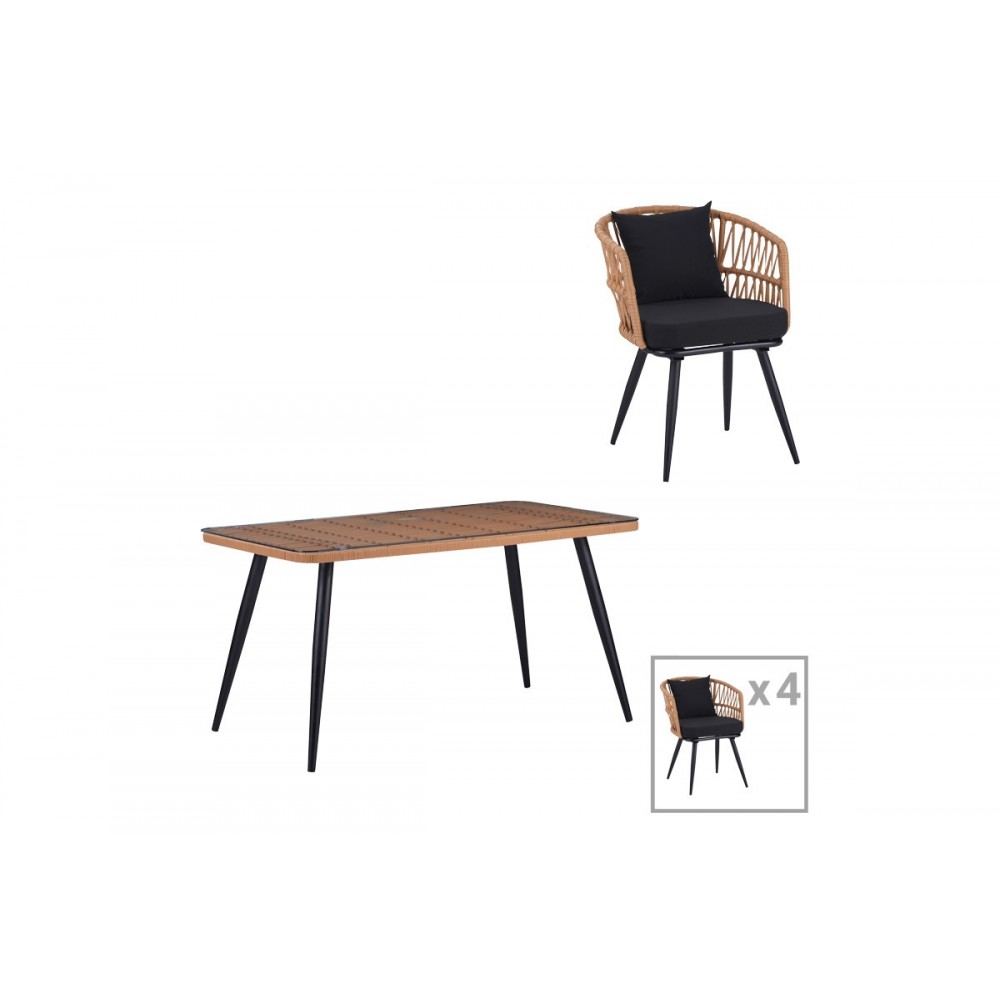 Τραπεζαρία 5τμχ "NAOKI" από pe rattan/μέταλλο σε χρώμα φυσικό/μαύρο 140x80x78