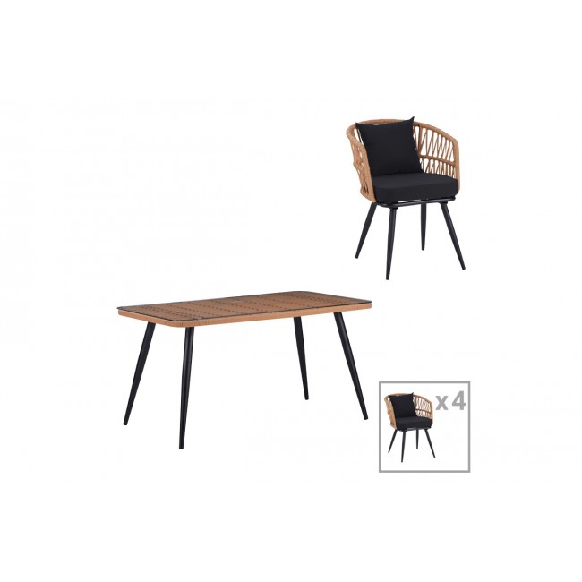 Τραπεζαρία 5τμχ "NAOKI" από pe rattan/μέταλλο σε χρώμα φυσικό/μαύρο 140x80x78