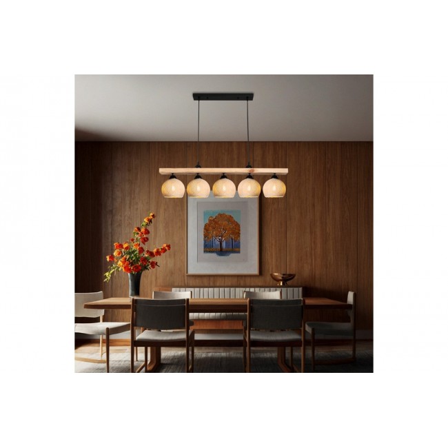 Φωτιστικό πεντάφωτο "SALOTE" από ξύλο/σχοινί σε χρώμα καφέ/κρεμ 100x18x24