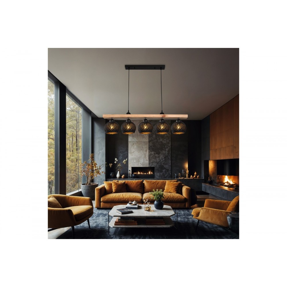 Φωτιστικό πεντάφωτο "SALOTE" από ξύλο/σχοινί σε χρώμα καφέ/μαύρο 100x18x24