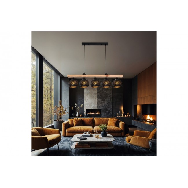 Φωτιστικό πεντάφωτο "SALOTE" από ξύλο/σχοινί σε χρώμα καφέ/μαύρο 100x18x24