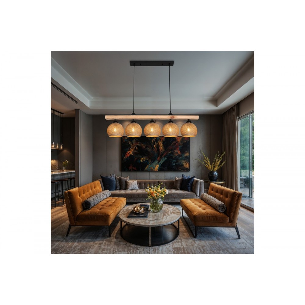 Φωτιστικό πεντάφωτο "SALOTE" από ξύλο/σχοινί σε χρώμα καφέ/φυσικό 100x18x24