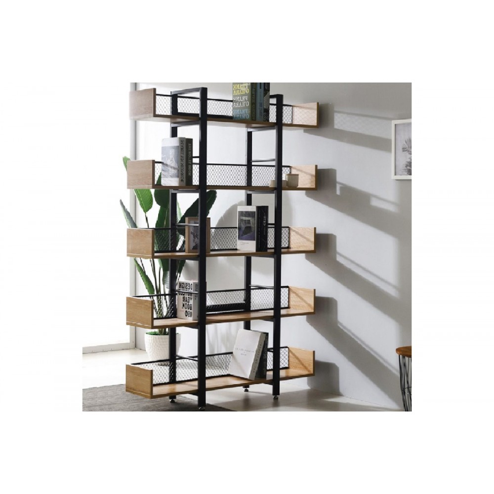 Βιβλιοθήκη "MUSHA" από μέταλλο σε χρώμα μαύρο/oak 120x22x185