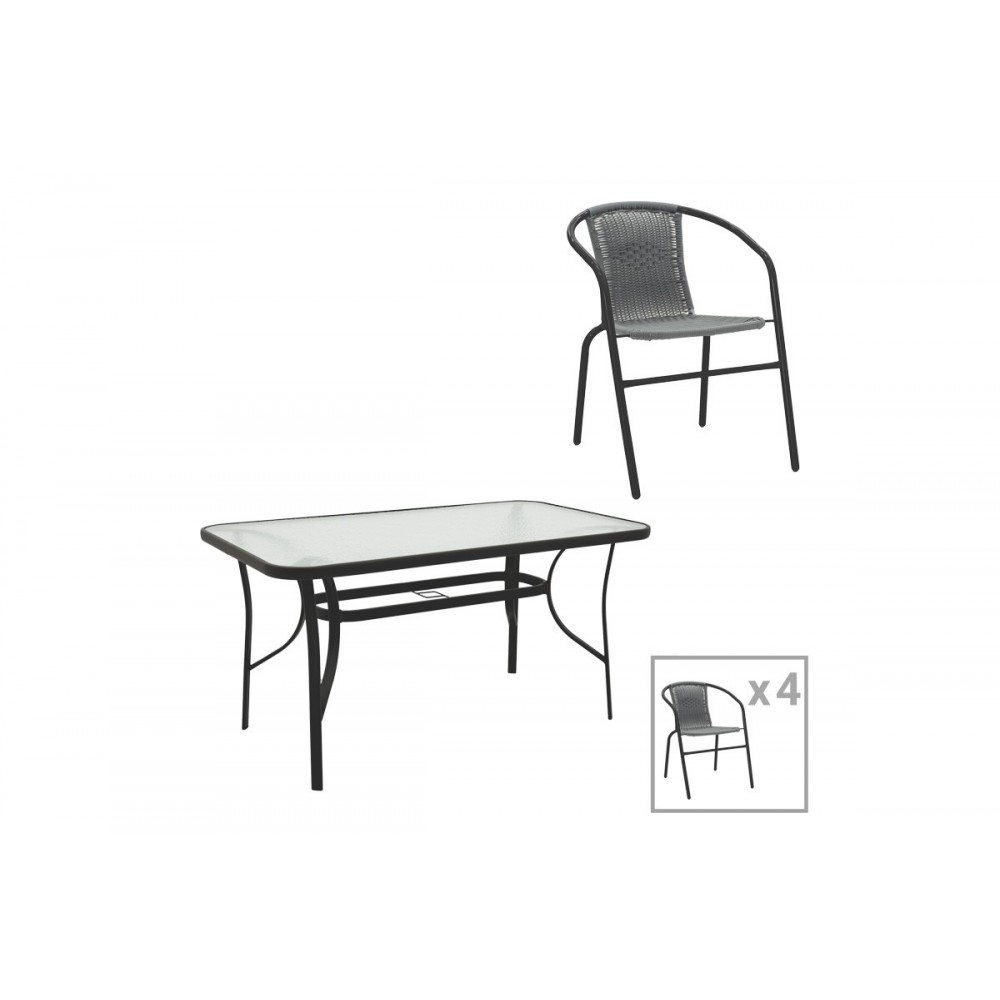 Τραπεζαρία 5τμχ "OBBI-ENSURE" από μέταλλο/γυαλί σε χρώμα μαύρο/γκρι 140x80x70