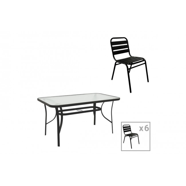 Τραπεζαρία 7τμχ "SUSSIE-ENSURE" από μέταλλο/γυαλί σε χρώμα μαύρο 140x80x70