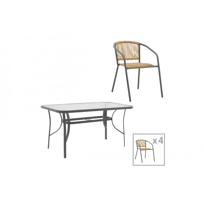 Τραπεζαρία 5τμχ "ENSURE-LINDARIA" από μέταλλο/γυαλί σε χρώμα ανθρακί/φυσικό 140x80x70
