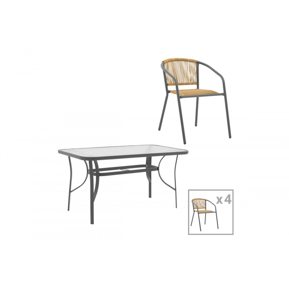 Τραπεζαρία 5τμχ "ENSURE-LINDARIA" από μέταλλο/γυαλί σε χρώμα ανθρακί/φυσικό 120x70x70