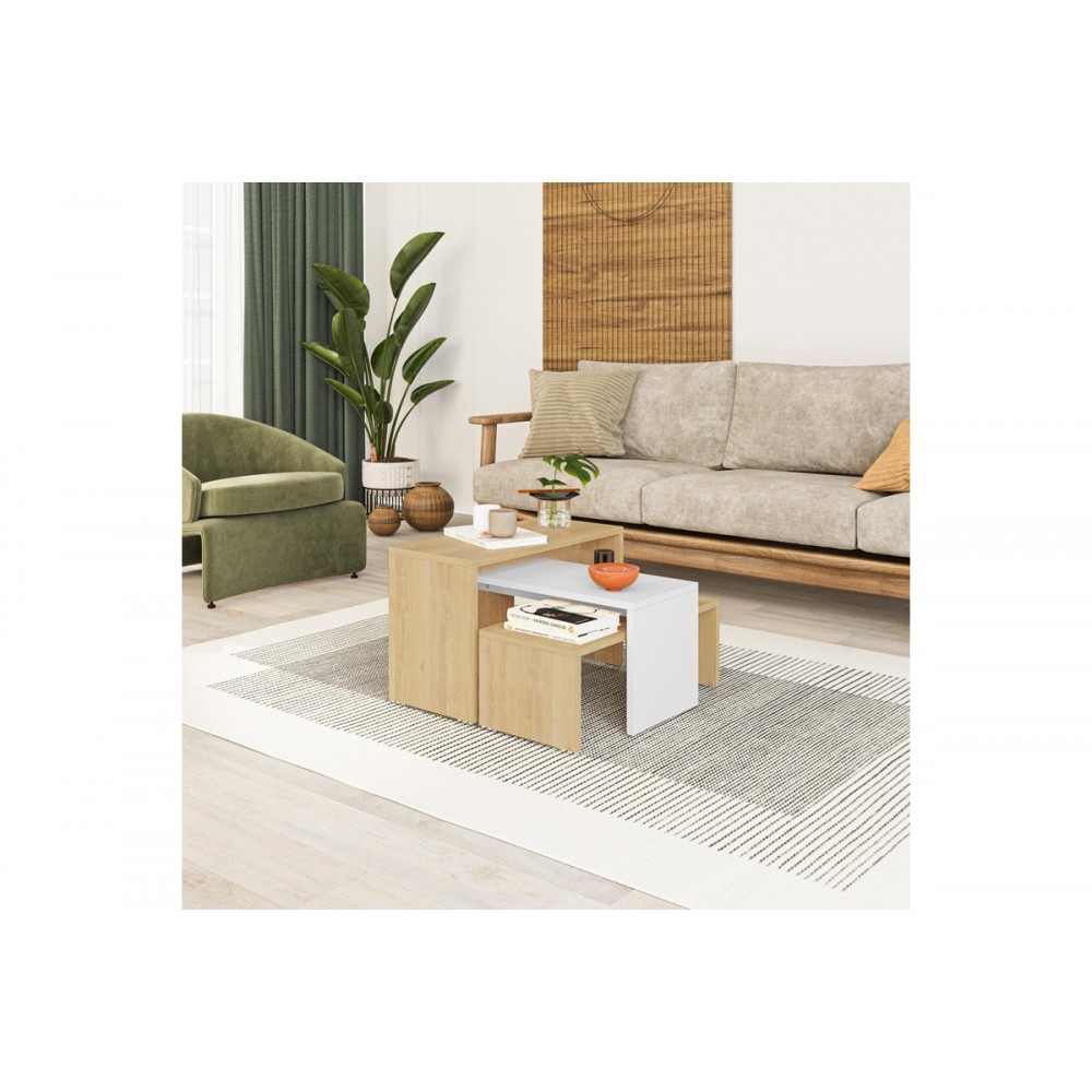 Τραπέζια σαλονιού 3τμχ "KANTAR" σε χρώμα oak/λευκό 65x30x39