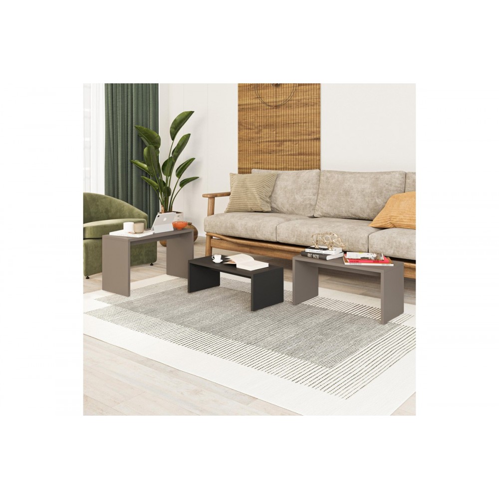 Τραπέζια σαλονιού 3τμχ "KANTAR" σε χρώμα ανθρακί/μόκα 65x30x39