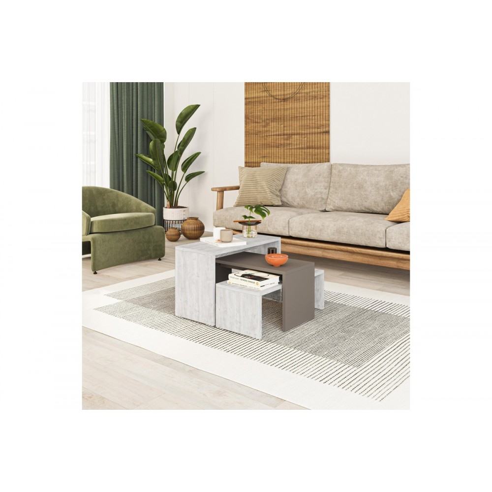 Τραπέζια σαλονιού 3τμχ "KANTAR" σε χρώμα λευκό αντικέ/μόκα 65x30x39