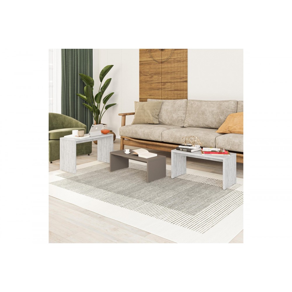 Τραπέζια σαλονιού 3τμχ "KANTAR" σε χρώμα λευκό αντικέ/μόκα 65x30x39