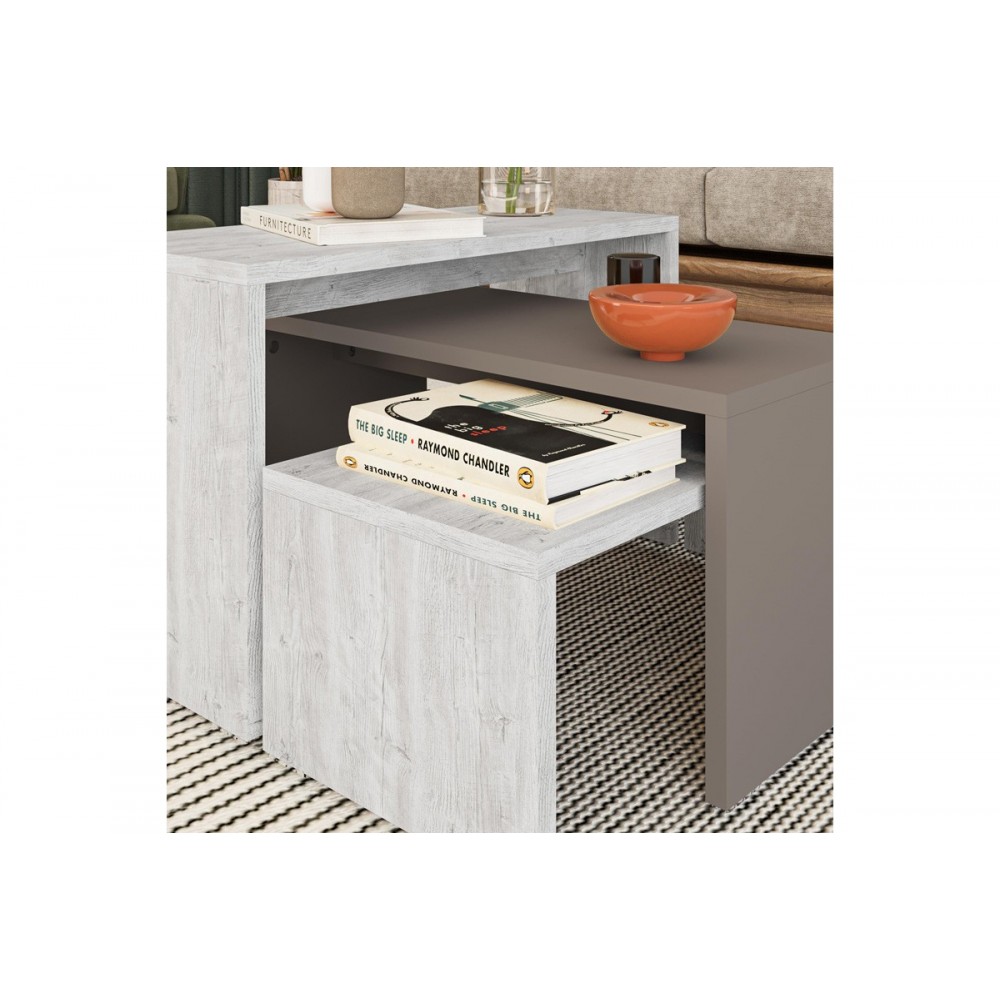 Τραπέζια σαλονιού 3τμχ "KANTAR" σε χρώμα λευκό αντικέ/μόκα 65x30x39