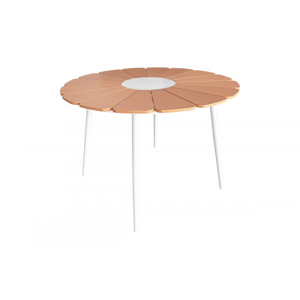 Τραπέζι "PINAP" από αλουμίνιο/plywood σε χρώμα λευκό/φυσικό Φ110x74