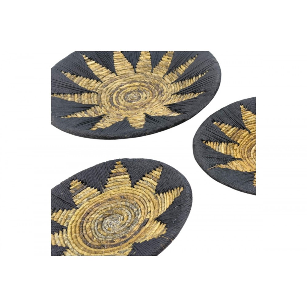 Διακοσμητικό τοίχου 3τμχ "CIRCY" από ψάθα σε χρώμα μαύρο/μπεζ Φ50x2