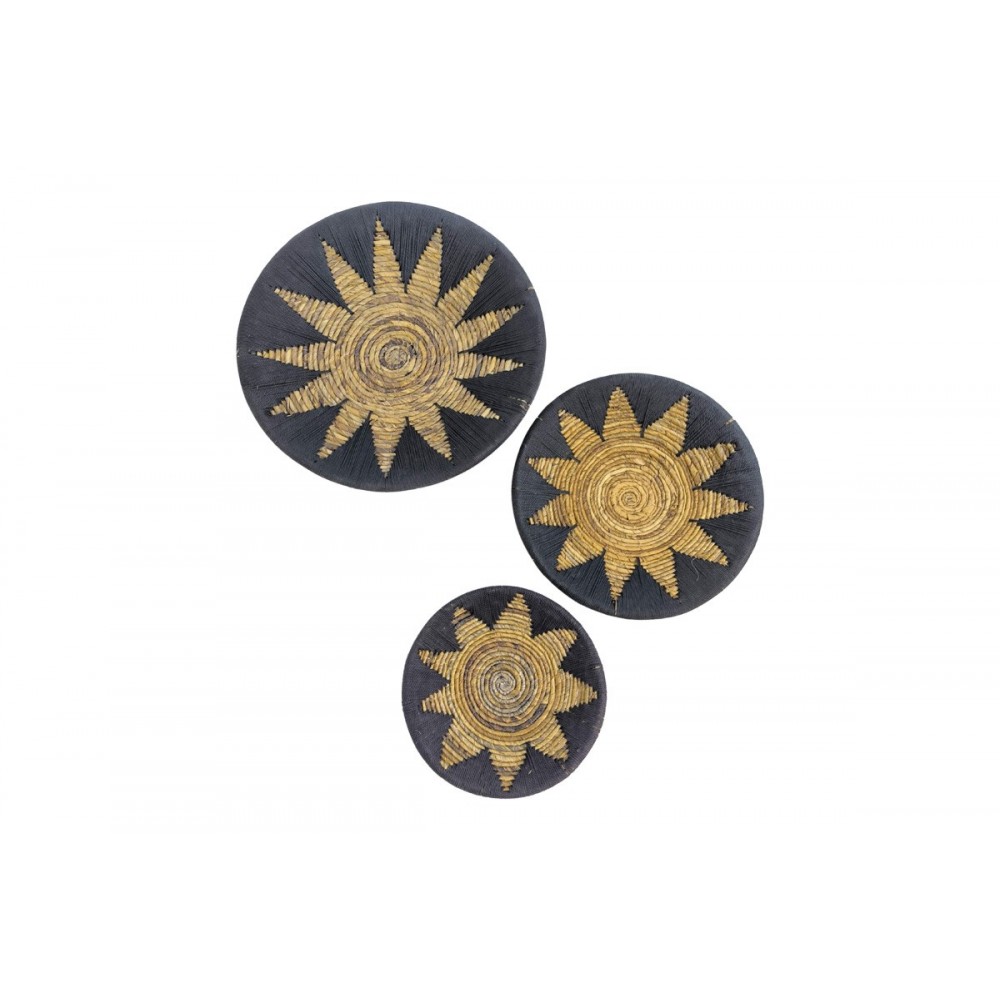 Διακοσμητικό τοίχου 3τμχ "CIRCY" από ψάθα σε χρώμα μαύρο/μπεζ Φ50x2