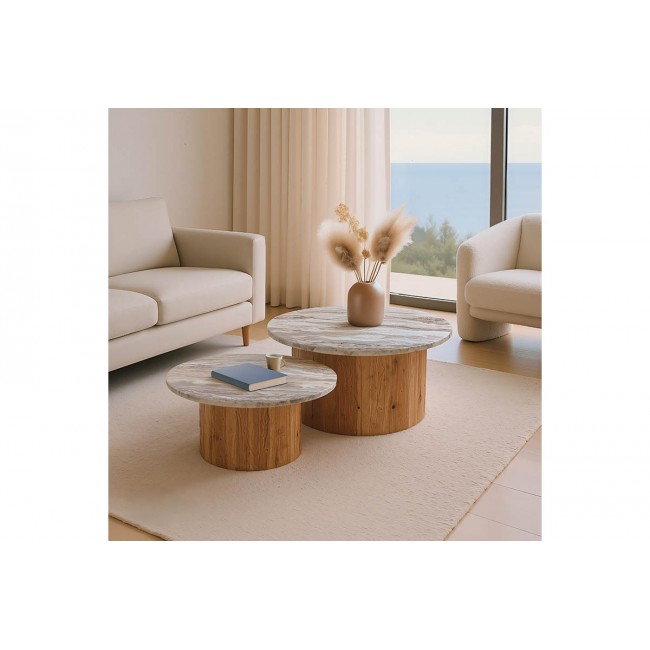 Τραπέζια σαλονιού 2τμχ "SERGY" από ξύλο/μάρμαρο σε χρώμα φυσικό Φ90x40