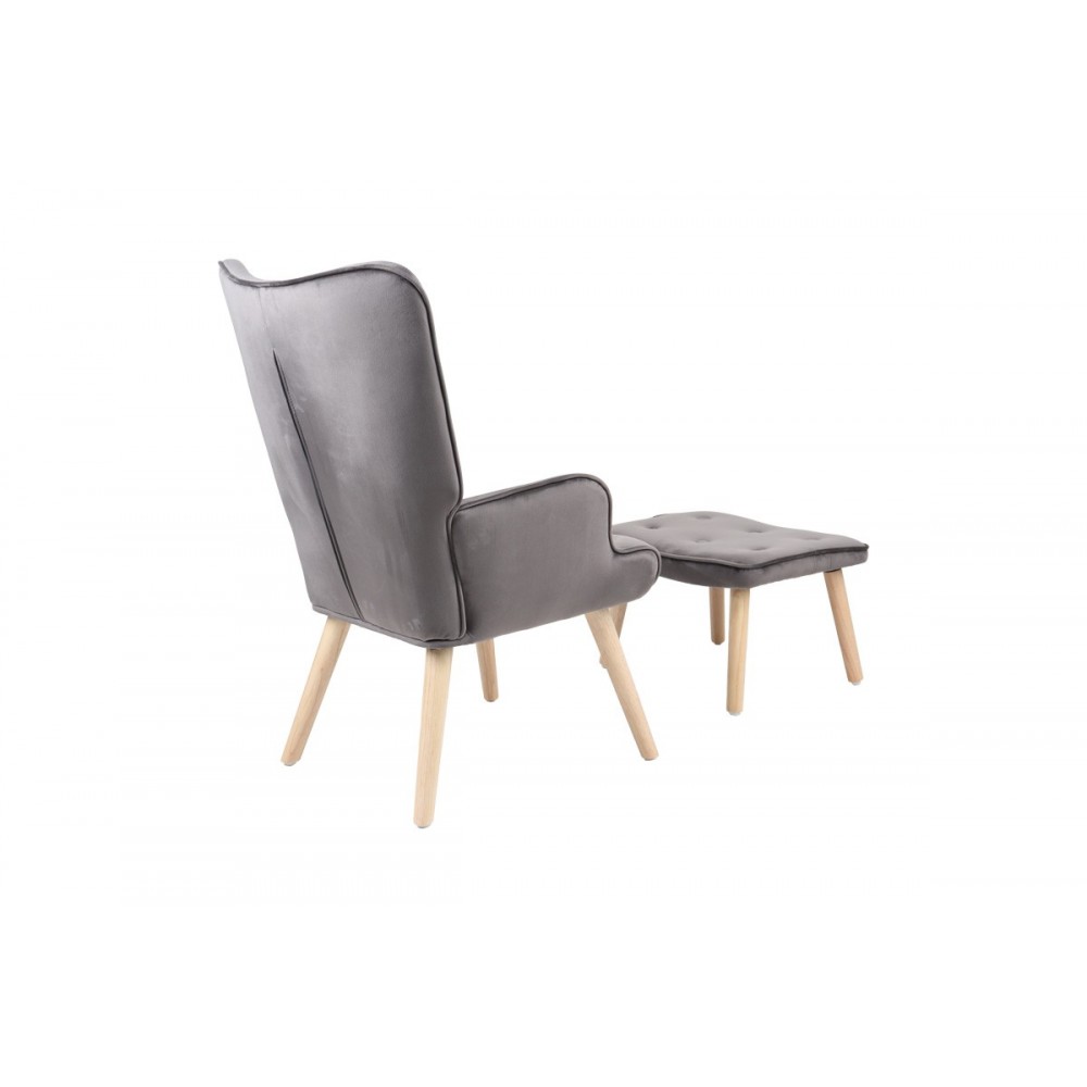 Πολυθρόνα με υποπόδιο "MELISIA" από βελούδο/ξύλο σε χρώμα γκρι/φυσικό 59x67x94