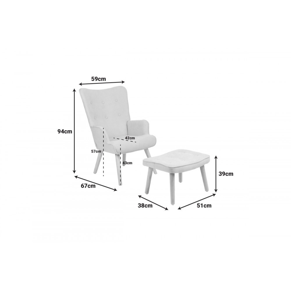 Πολυθρόνα με υποπόδιο "MELISIA" από βελούδο/ξύλο σε χρώμα γκρι/φυσικό 59x67x94