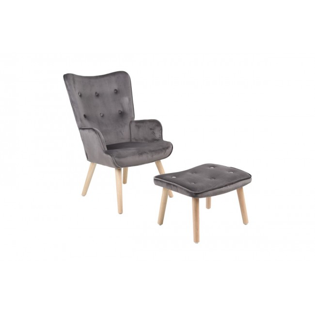 Πολυθρόνα με υποπόδιο "MELISIA" από βελούδο/ξύλο σε χρώμα γκρι/φυσικό 59x67x94