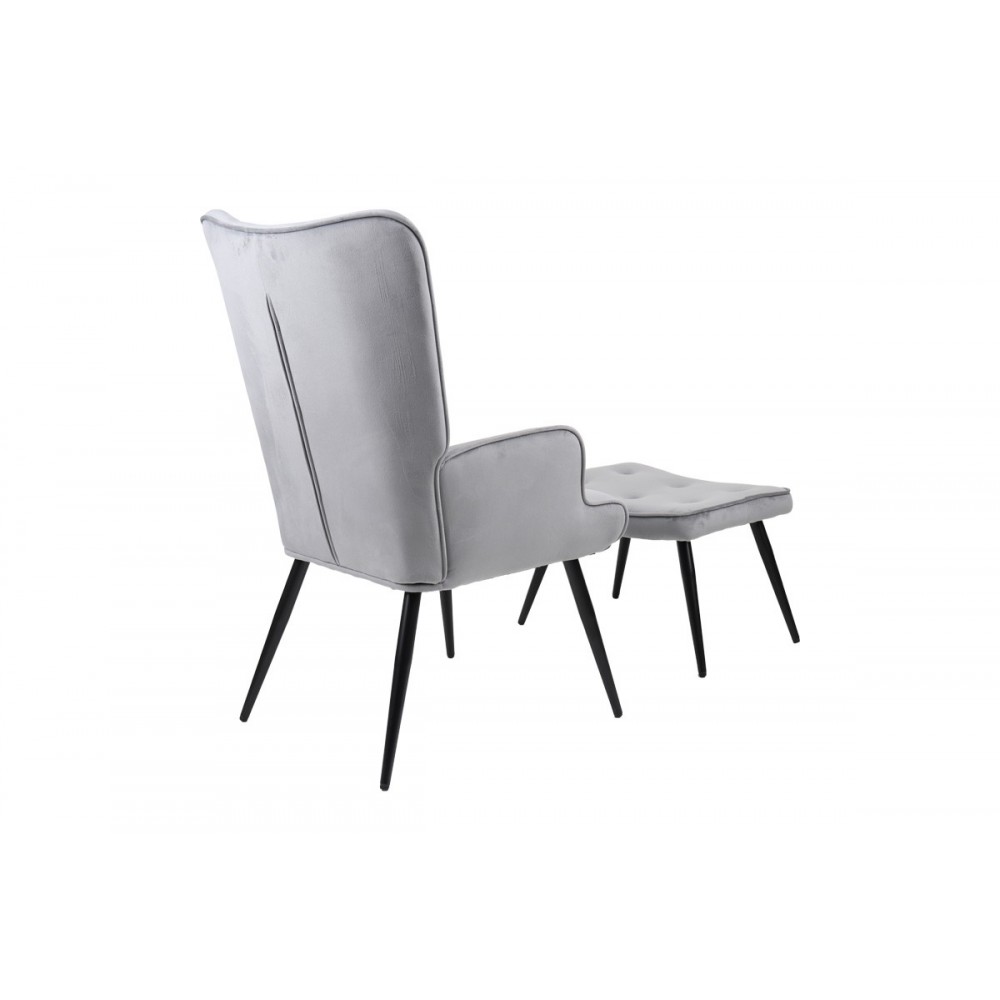 Πολυθρόνα με υποπόδιο "SIELLA" από βελούδο/μέταλλο σε χρώμα γκρι/μαύρο 59x67x94