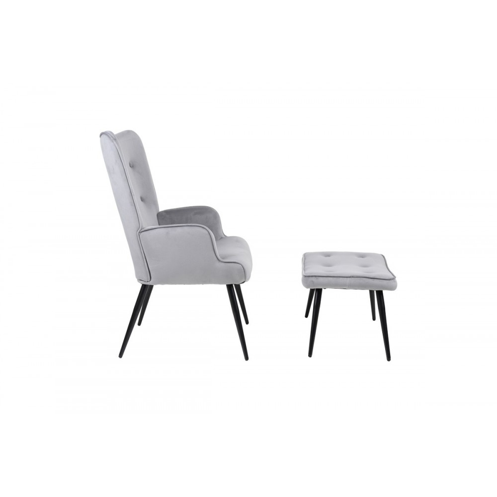 Πολυθρόνα με υποπόδιο "SIELLA" από βελούδο/μέταλλο σε χρώμα γκρι/μαύρο 59x67x94