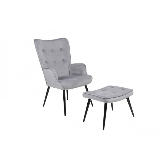 Πολυθρόνα με υποπόδιο "SIELLA" από βελούδο/μέταλλο σε χρώμα γκρι/μαύρο 59x67x94