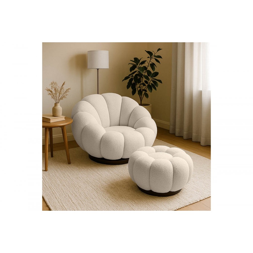 Πολυθρόνα περιστρεφόμενη με σκαμπό "NESTER" από μπουκλέ ύφασμα σε χρώμα μπεζ 98x97x69