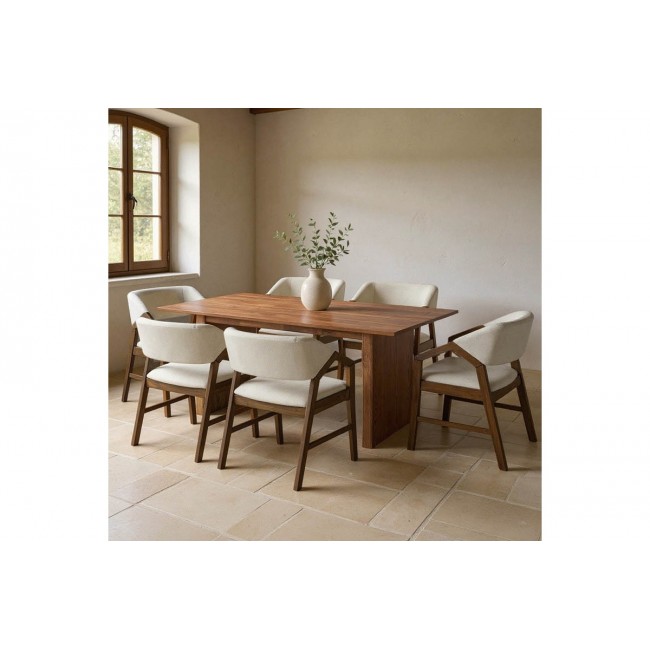 Τραπεζαρία 7τμχ "ELEGANZA-LIVIA" από mdf/ύφασμα σε χρώμα καρυδί/εκρού 180x99x75.8