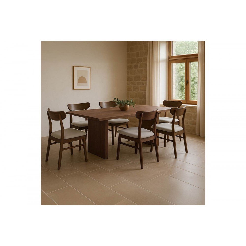 Τραπεζαρία 7τμχ "ELEGANZA-CAIRO" από mdf/ύφασμα σε χρώμα καρυδί/εκρού 180x99x75.8