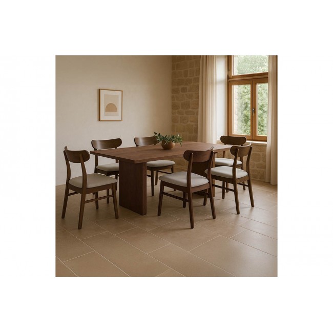 Τραπεζαρία 7τμχ "ELEGANZA-CAIRO" από mdf/ύφασμα σε χρώμα καρυδί/εκρού 180x99x75.8