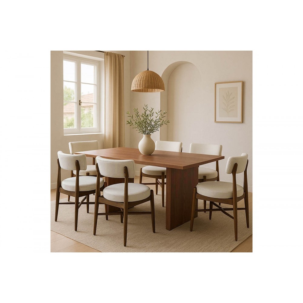 Τραπεζαρία 7τμχ "ELEGANZA-RAUDI" από mdf/ύφασμα σε χρώμα καρυδί/εκρού 180x99x75.8