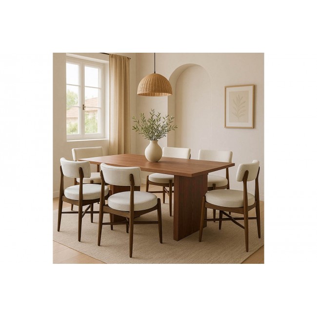 Τραπεζαρία 7τμχ "ELEGANZA-RAUDI" από mdf/ύφασμα σε χρώμα καρυδί/εκρού 180x99x75.8