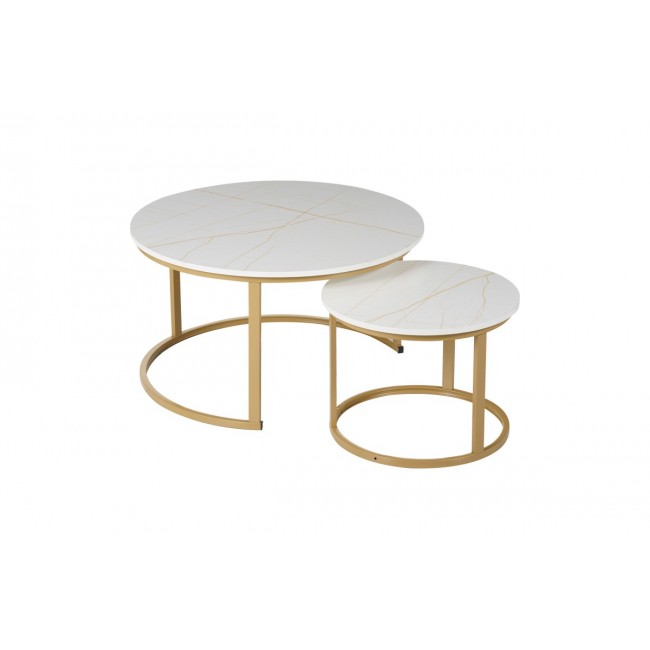 Τραπέζια σαλονιού "SOLME I" 2τμχ σε χρώμα λευκό μαρμάρου/χρυσό Φ80x45
